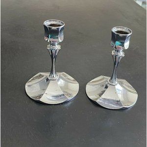 PAIR OF VINTAGE IRVINWARE CHROME RETRO CANDLE STICK HOLDER - USA - 4-1/2"